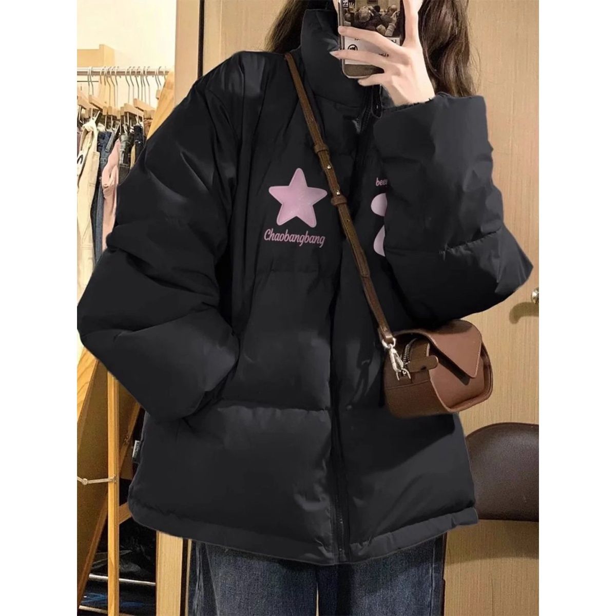 品牌黑色棉服女冬季宽松保暖棉衣大码慵懒羽绒棉袄加厚初中学生面