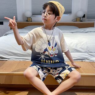 奥特曼男童睡衣100纯棉夏季薄款短袖短裤男孩宝宝儿童家居服套装