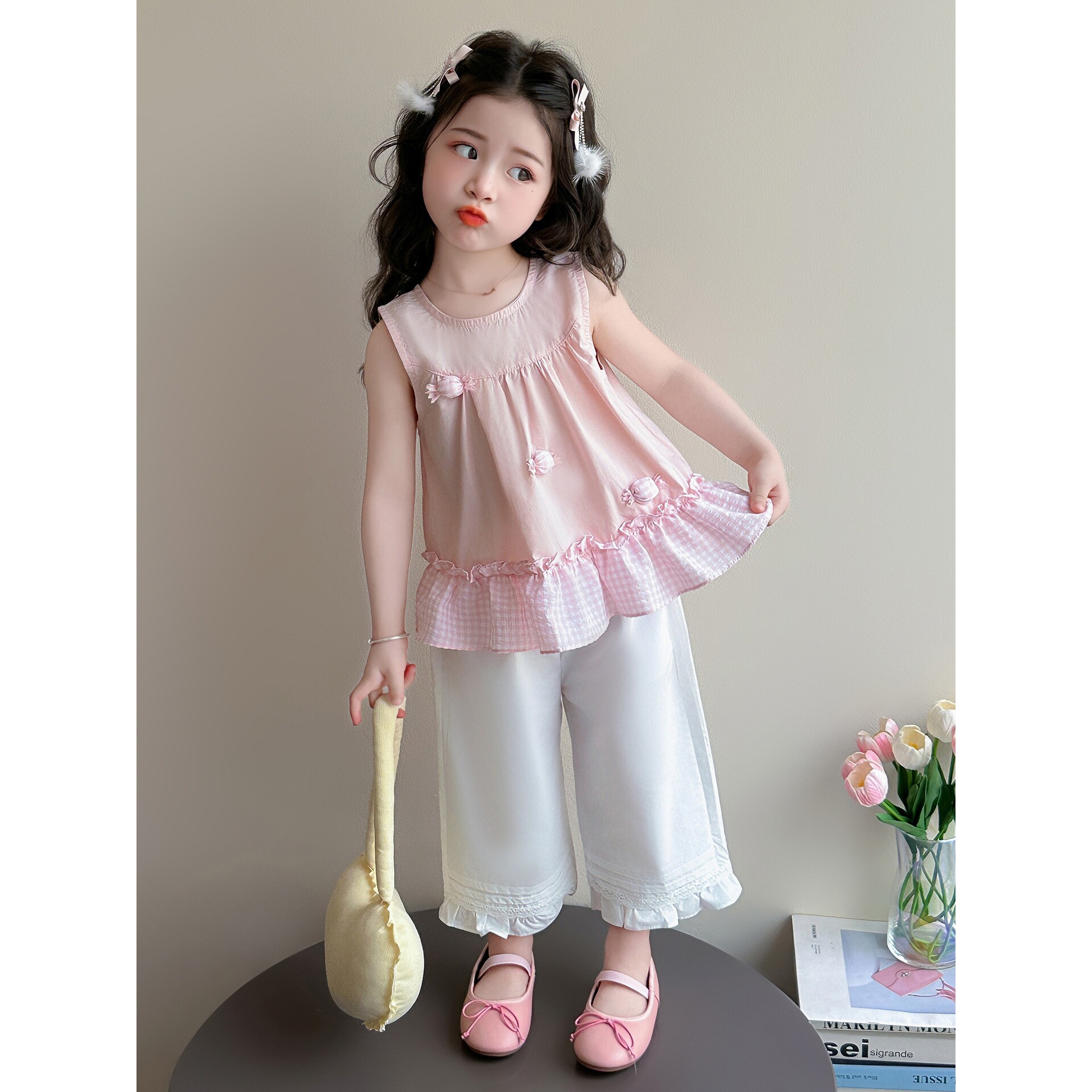 女童夏季套装儿童格子花边背心2026新款夏天女宝宝休闲裤子童装图片