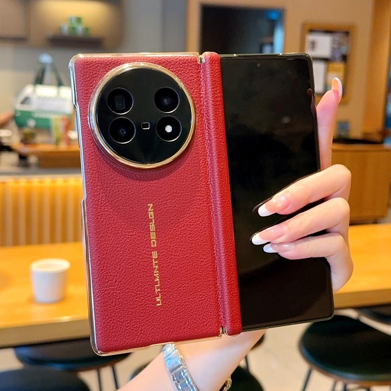 Fqo 电镀金色荔枝皮纹折叠壳适用于vivo X Fold5手机壳双中轴铰链创意皮革保护套xfold5防摔防指纹商务风硬壳