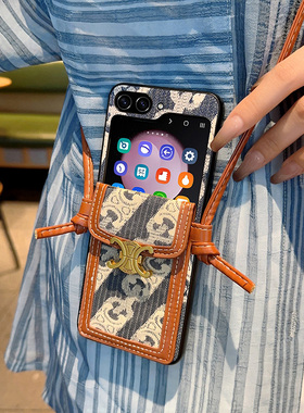 适用于三星ZFlip6手机壳帆布潮牌蓝色斜挎卡包Galxy Z Flip 6折叠屏个性时尚手机套网红女款全包防摔保护套