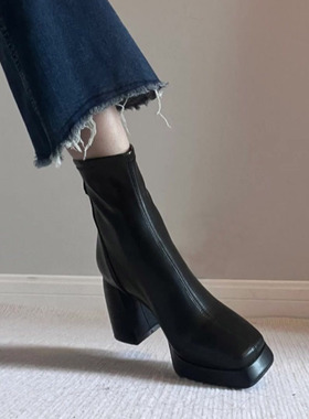 防水台短靴女黑色高跟方头后拉链2024年新款秋冬季韩版粗跟瘦瘦靴