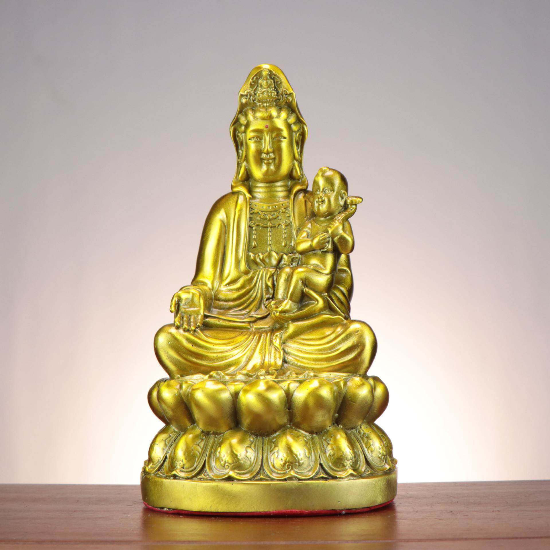 铜莲观音摆件铜观音菩佛像摆件家用供奉黄观世EYW音娘娘送子坐观