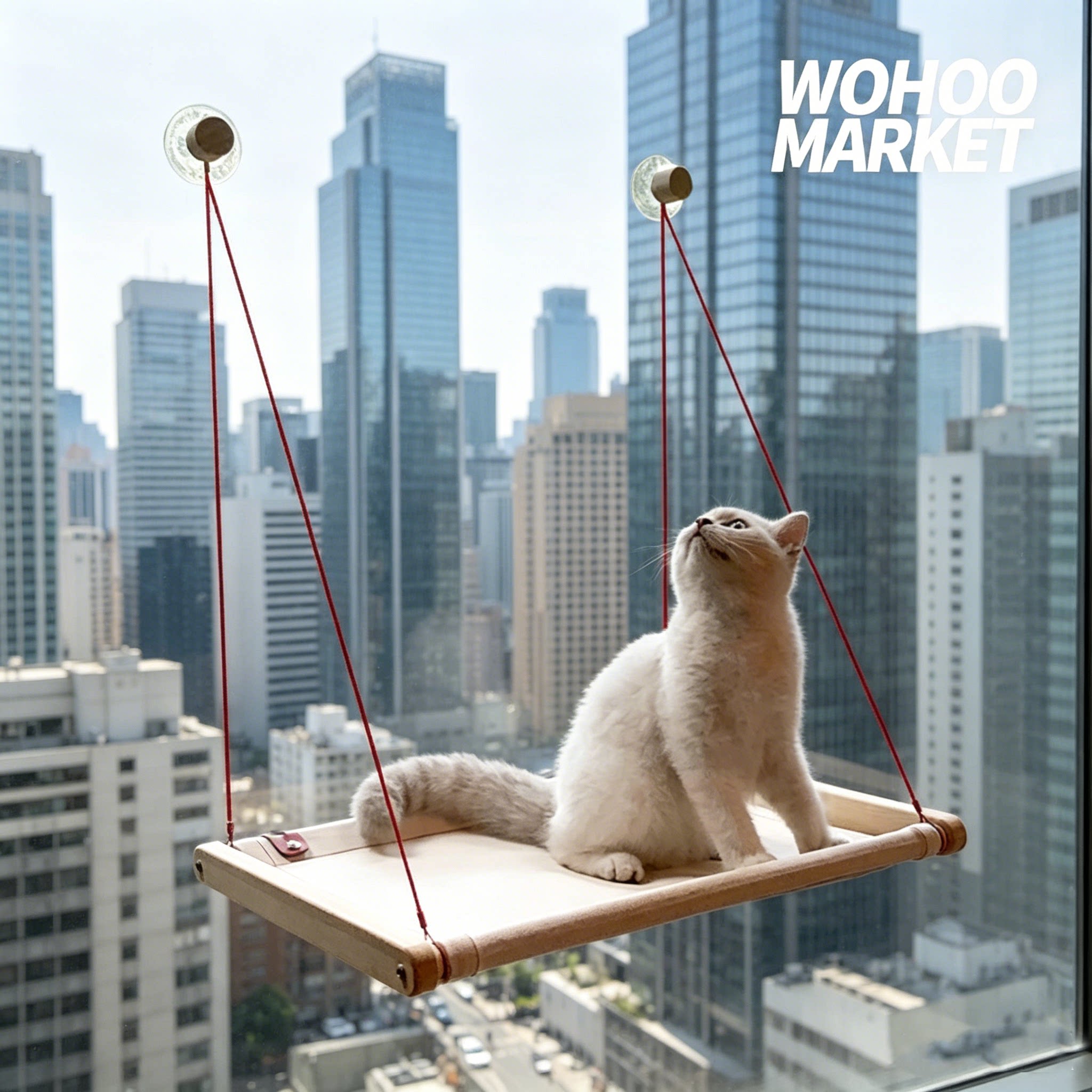 实木窗户猫吊床悬空晒太阳图片