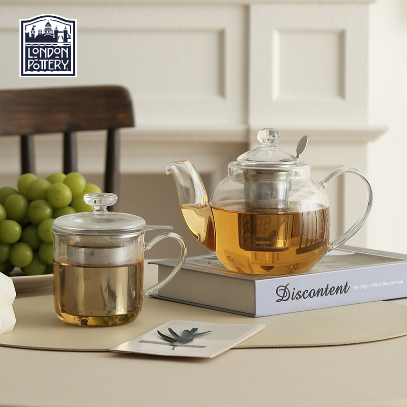 London Pottery英式高硼硅透明玻璃茶壶耐热马克杯含滤网送礼茶具