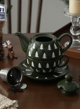 London Pottery圣诞树一壶一杯碟英式陶瓷茶壶含滤网下午茶花茶壶