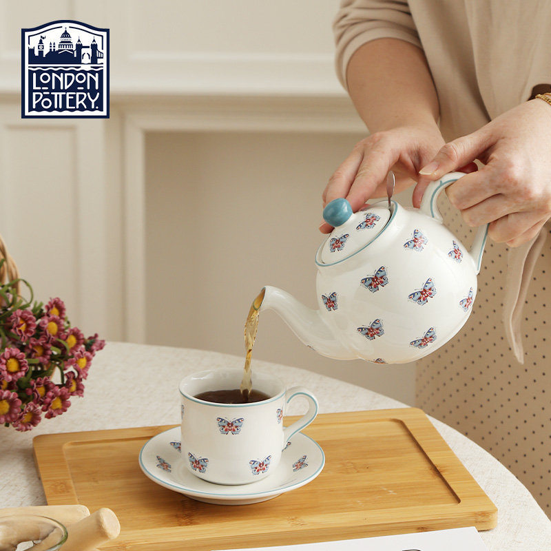 London Pottery 蝴蝶英式陶瓷茶壶含滤网森系茶壶下午茶花茶壶