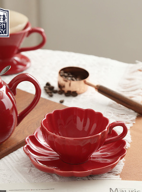红色英式花型咖啡杯碟轻奢精致陶瓷杯碟套装下午茶具茶杯礼物ins