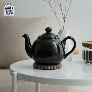 LondonPottery亮黑色田园英国茶壶陶瓷泡茶壶茶具带滤网礼物600ml