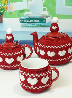 LondonPottery茶壶毛线壶套杯套红色腈纶针织衣套子可爱精致ins
