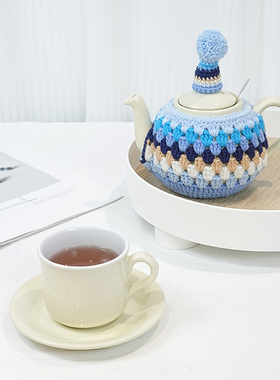 LondonPottery手工编织毛线蓝色格子可爱壶衣保温套壶套防烫隔热