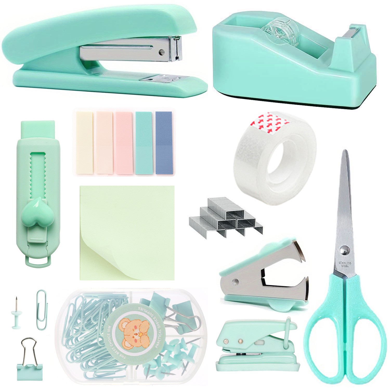 Macaron colored office stationery set stapler scissors tape