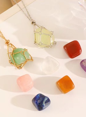 Crystal raw stone mesh bag woven metal mesh bag necklace