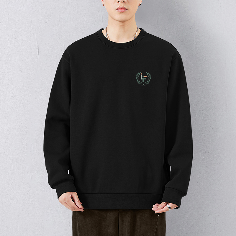 2025早秋新款黑色圆领卫衣简约麦穗字母小标男士宽松休闲长袖外套