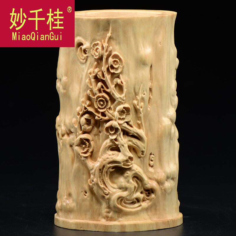 妙千桂小叶黄杨木雕笔筒摆件花开富贵实木头雕刻红木办公饰品创意