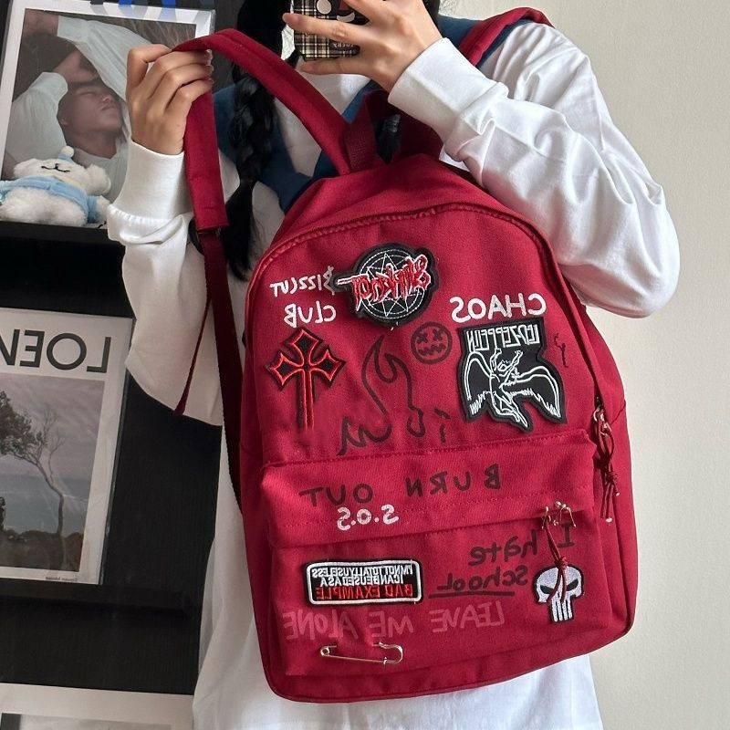 美式高街书包初中生女款男款混的人时尚复古酒红小众大容量帆布包