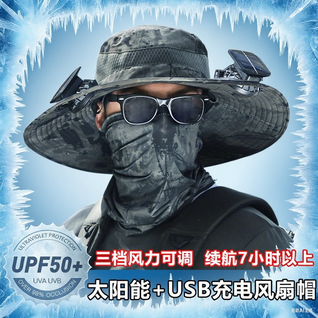太阳能风扇帽男士户外登山帽夏季防晒遮阳钓鱼帽成人带风扇的帽子