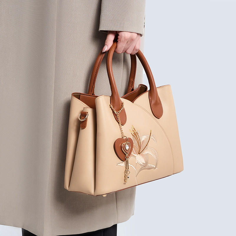 新中式国风刺绣手提包女大气软包妈妈包百搭大容量手提女包送母亲