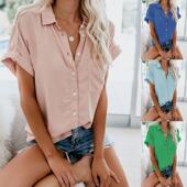 women& shirt 39;s sleeved Summer button short lapel blouse