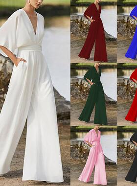 Deep V-neck high waist jumpsuit 欧美女礼服连体裤深V高腰阔腿