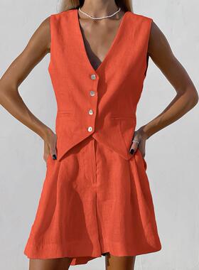 无袖背心短裤马甲套装 Solid Color Sleeveless Vest Shorts Set