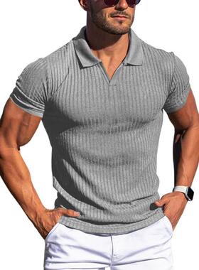 Summer POLO shirt Polo V-neck vertical stripe men's T-sh