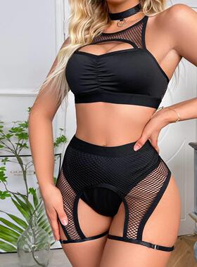 欧美文胸性感内衣黑色网眼拼接内衣Women's sexy lingerie set