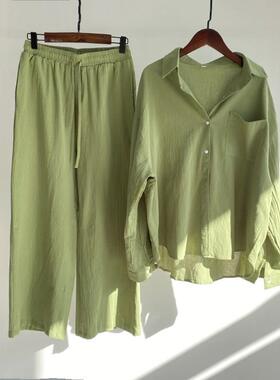 Women's fashion cotton linen shirt suit high waist s