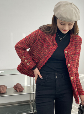 粗花呢红色小香风外套女秋冬季法式高端格子加棉上衣加厚高级名媛