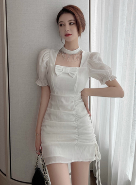 福利清仓泡泡袖白色连衣裙抽绳收腰性感气质小裙子