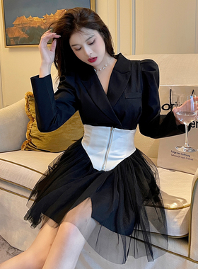 名媛千金风连衣裙女泡泡袖春款法式长袖黑色网纱西装裙收腰显瘦