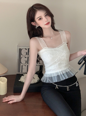 甜美吊带背心女夏海边辣妹性感外穿网纱拼接拉链上衣白色法式别致