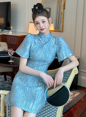 戚薇同款旗袍改良年轻款少女复古蓝色连衣裙夏季泡泡袖气质民国风