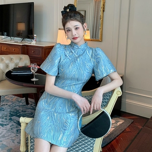 泡泡袖 旗袍改良年轻款 气质高级感 戚薇同款 少女复古蓝色连衣裙夏季
