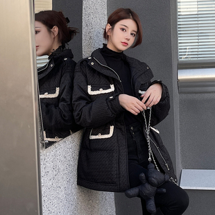 白色小香风羽绒服中长款加厚立领白鸭绒外套冬季新款仙女小熊背包