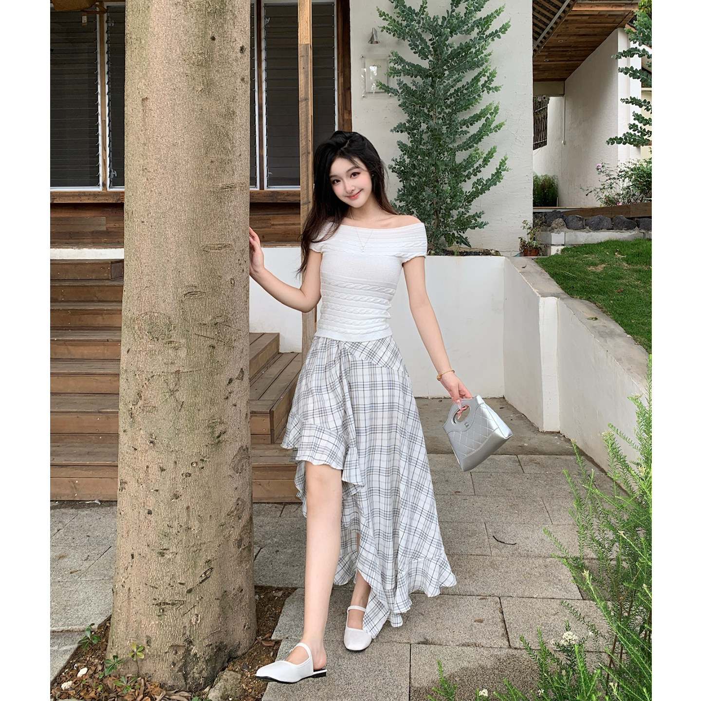 不规则格子半身裙女夏季
