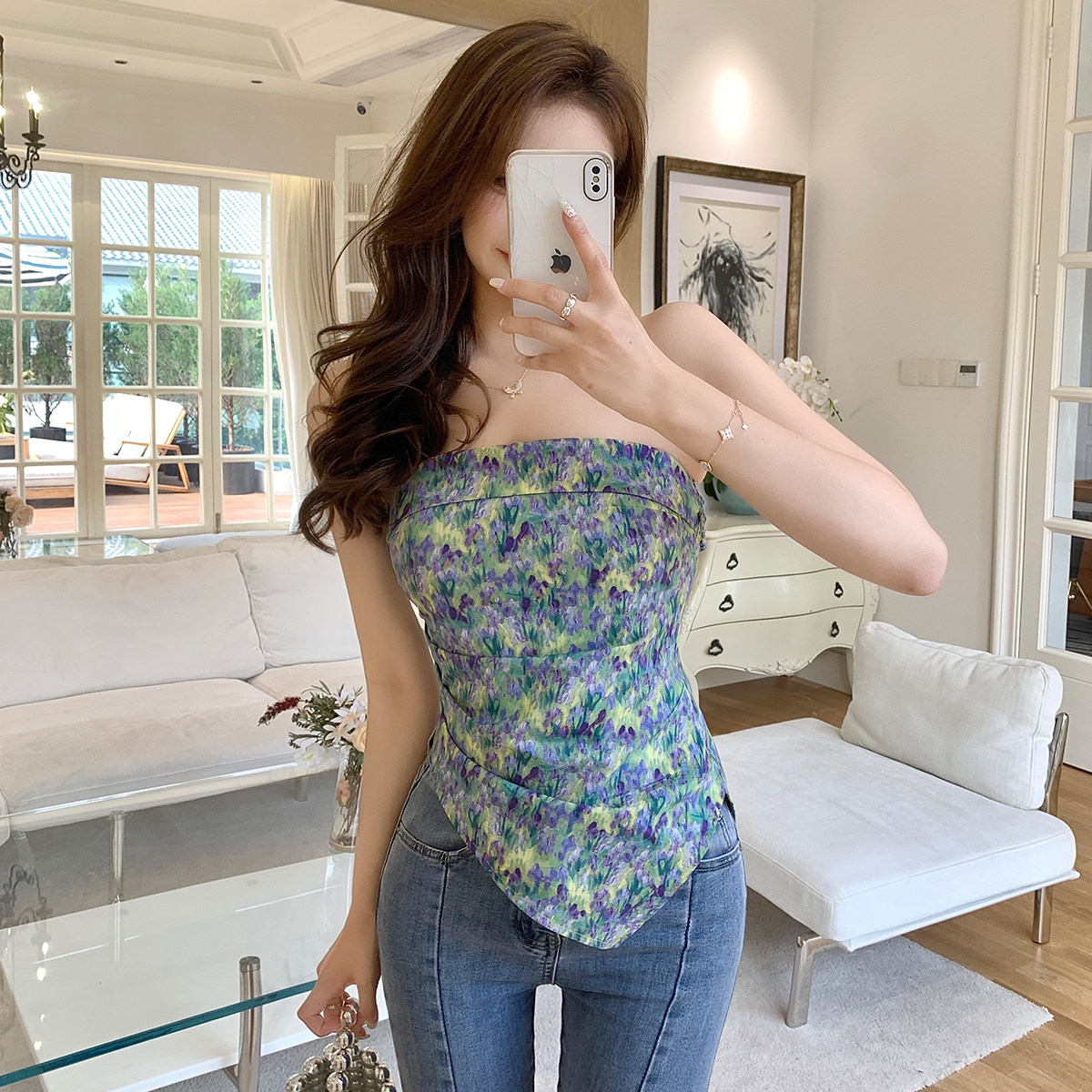 辣妹性感露肩碎花背心内搭法式油画外穿纯欲抹胸上衣海边度假露背