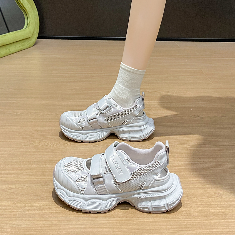 官网运动凉鞋女2025夏季新款镂空透气魔术贴洞洞鞋厚底增高薄款老
