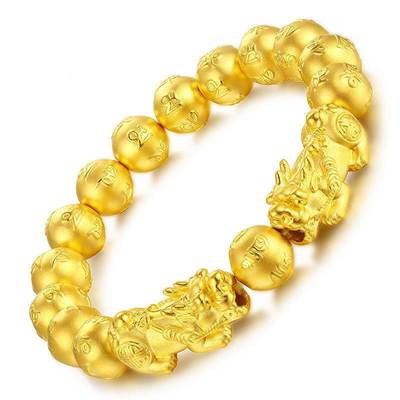 越南沙金黄金六字真言金招财貔貅手链转运珠霸气男士手串