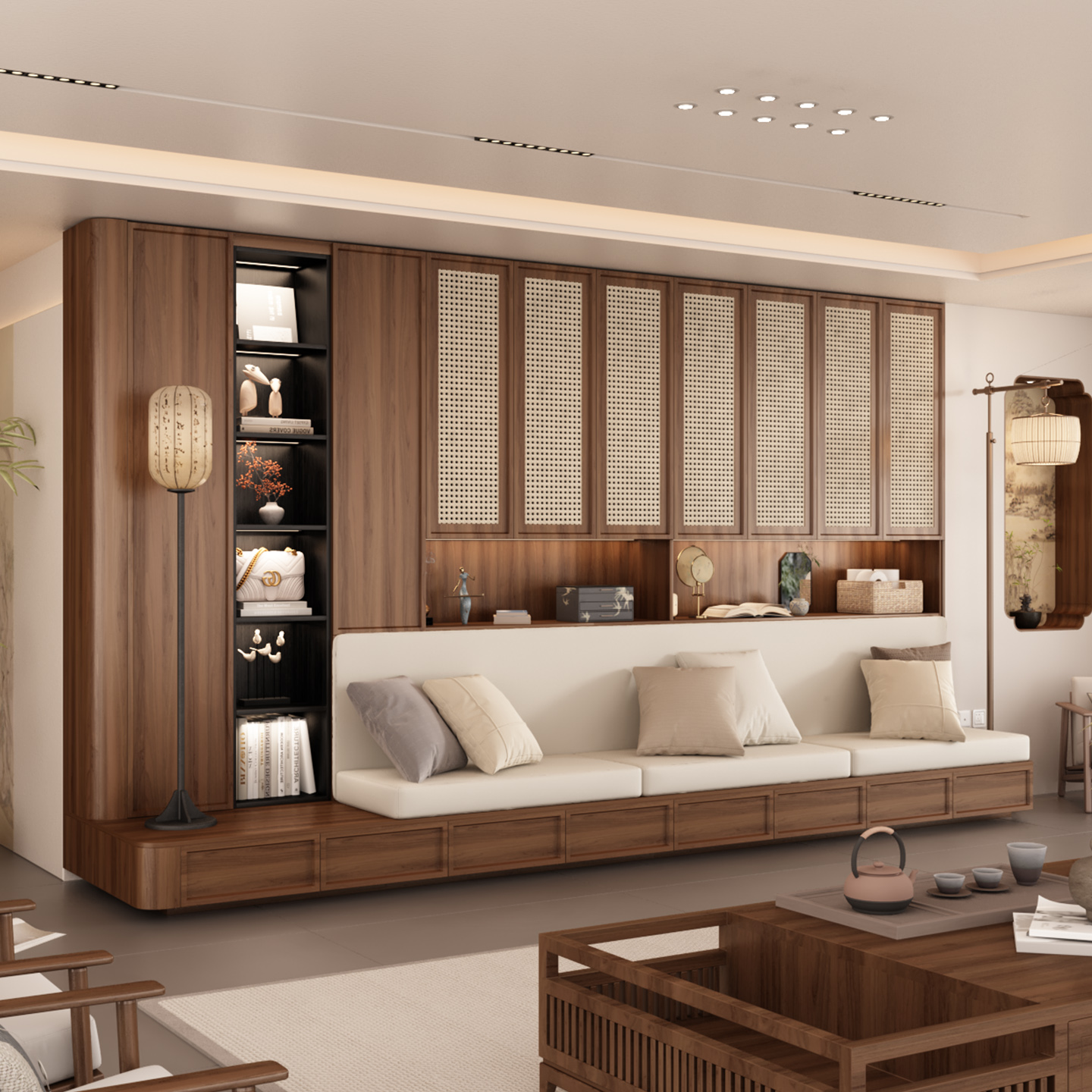 宋式美学书柜带卡座一体靠墙客厅沙发背景墙储物柜藤编门书橱定制,住宅家具,组合书柜,淘宝优惠券,粉丝福利购,淘宝优惠卷