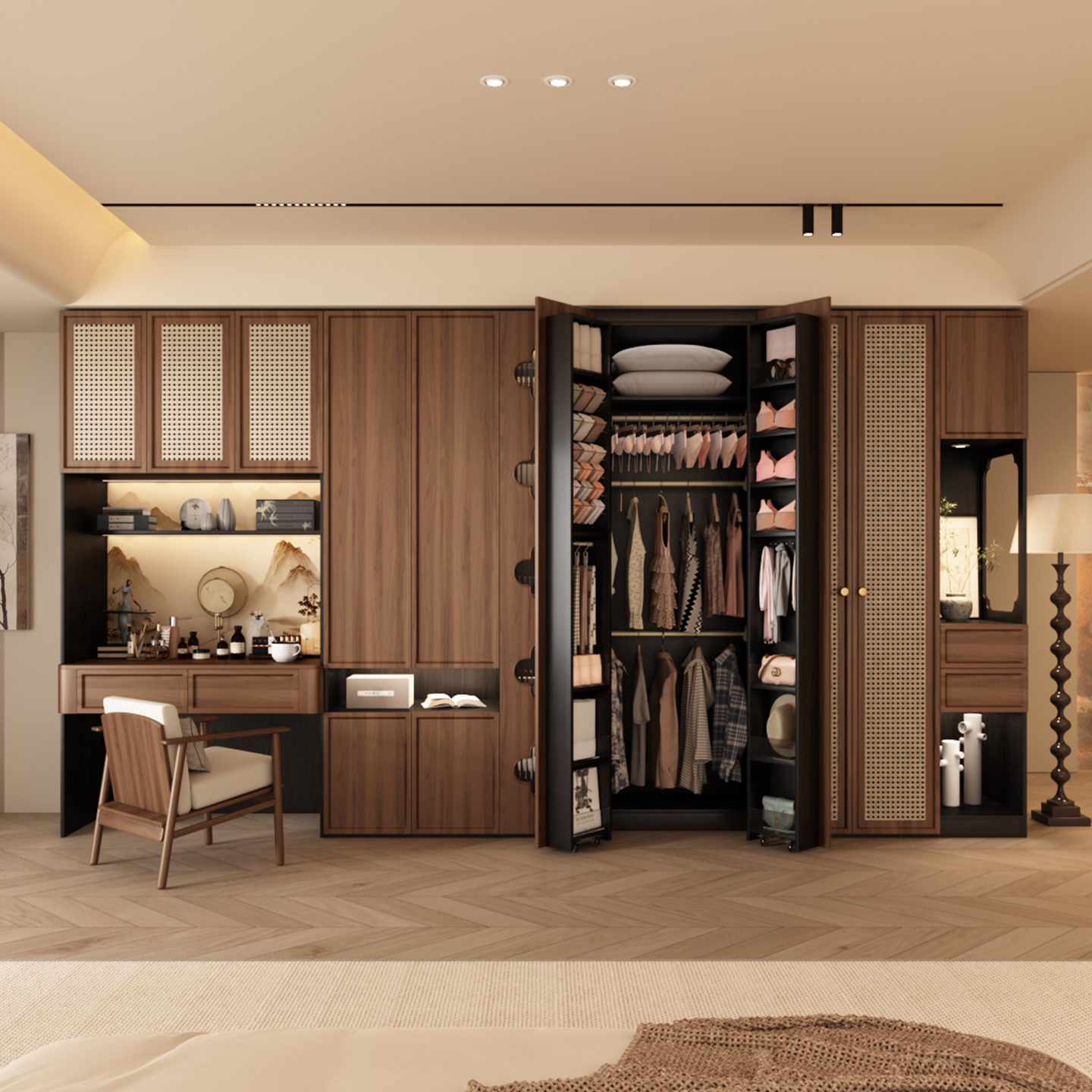 中古风实木衣柜家用卧室藤编门多功能收纳衣橱组合衣帽间全屋定制