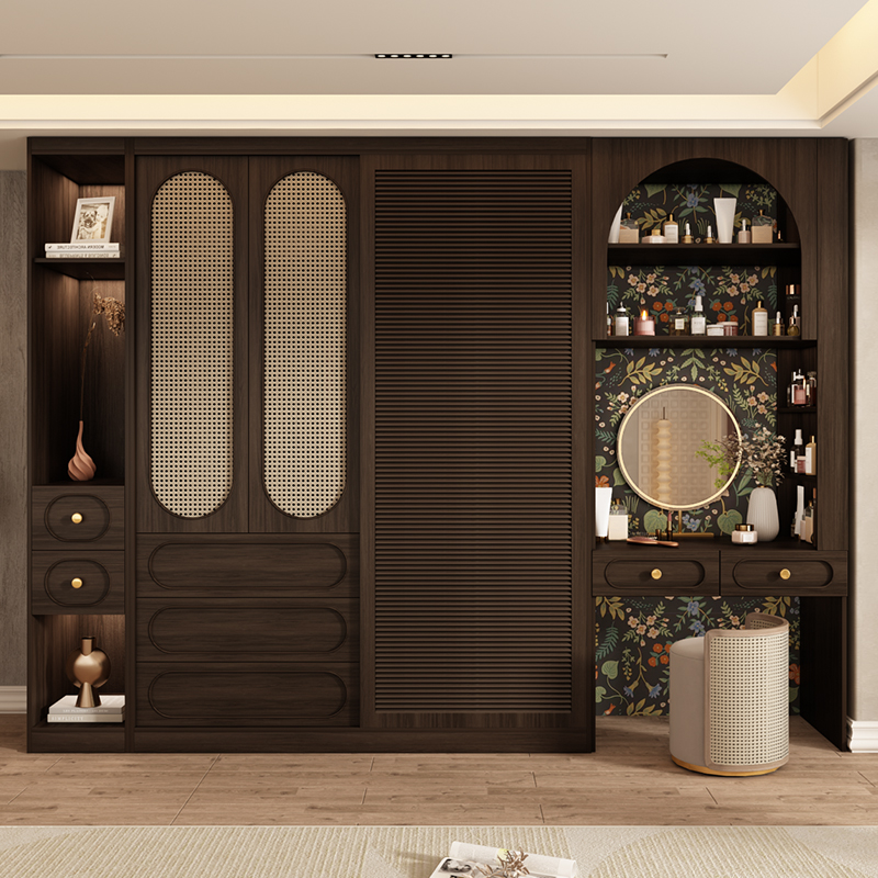 轻奢实木推拉门大衣柜家用卧室美式中古风到顶带梳妆台移门衣橱柜