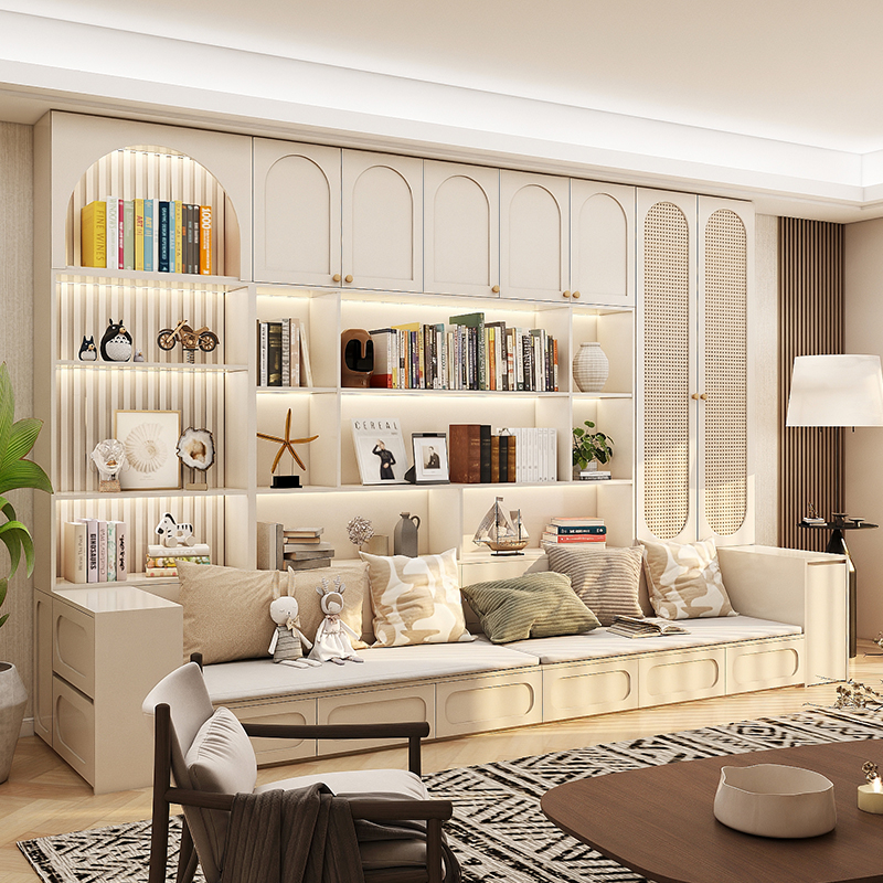 去客厅化卡座书柜一体靠墙现代简约客厅背景墙储物柜满墙书架定制