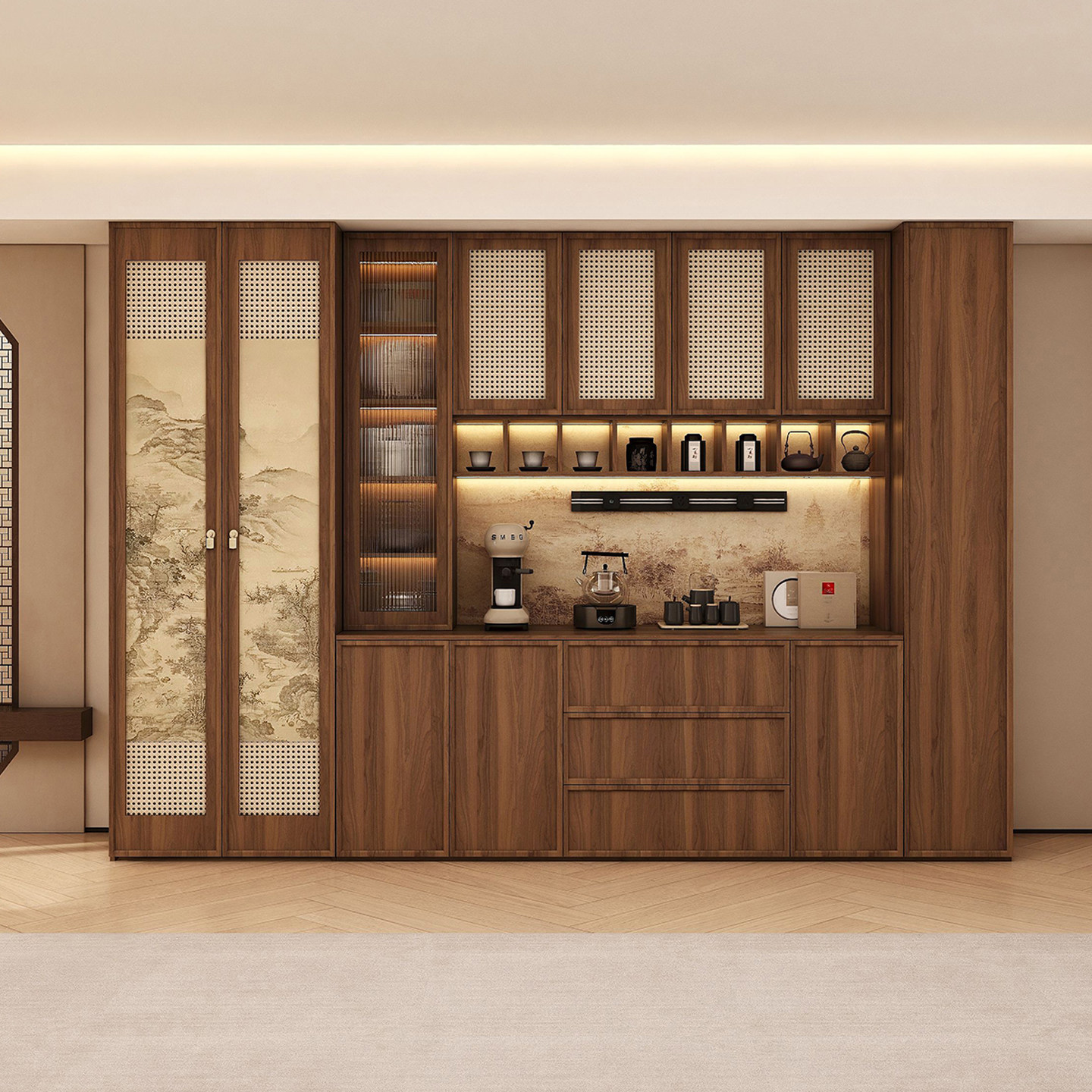 复古实木餐边柜酒柜一体靠墙高端中古风藤编储物柜客厅高柜展示柜,住宅家具,酒柜,淘宝优惠券,粉丝福利购,淘宝优惠卷