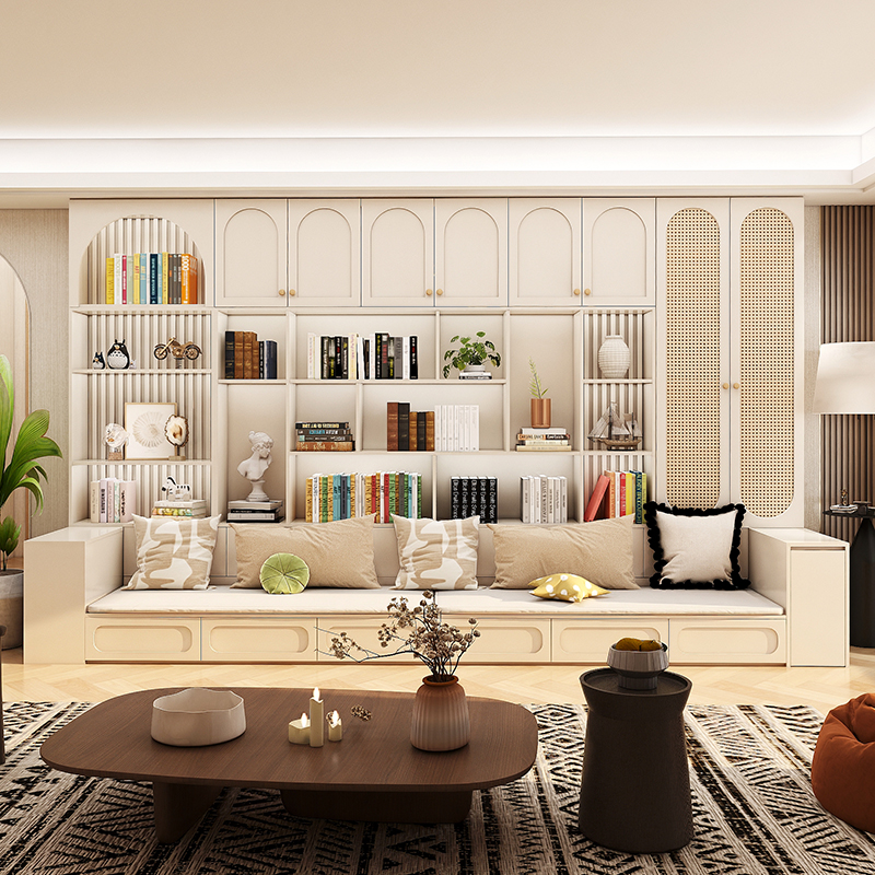 实木去客厅化沙发书柜一体整墙奶油风卡座书橱书架背景墙储物柜子