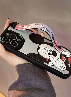 新款适用苹果16手机壳15PROMAX男女防摔12mini支架软壳7/14/13硅胶iphonexr全包8plus保护套腕带黑色米奇