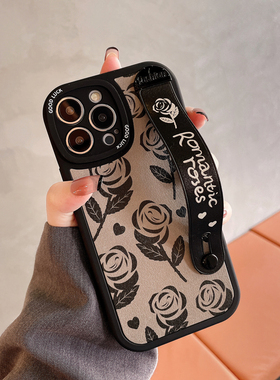 新款腕带适用苹果16手机壳15PROMAX防摔12mini支架软壳7女网红/14/13硅胶iphonexr全包8plus保护套黑色玫瑰