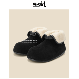 平底毛毛短靴子 新款 SGIRL TWTW翻边两穿加绒勃肯雪地靴女2025冬季