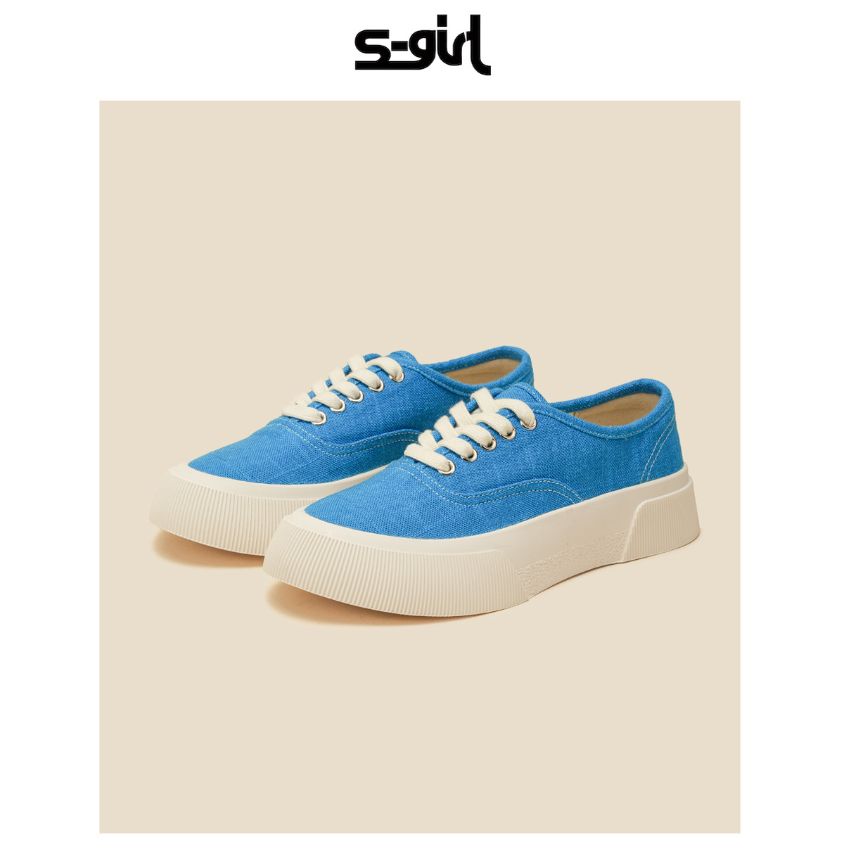SGIRL TWTW厚底系带帆布鞋女防滑透气圆头平底小白鞋休闲百搭板鞋