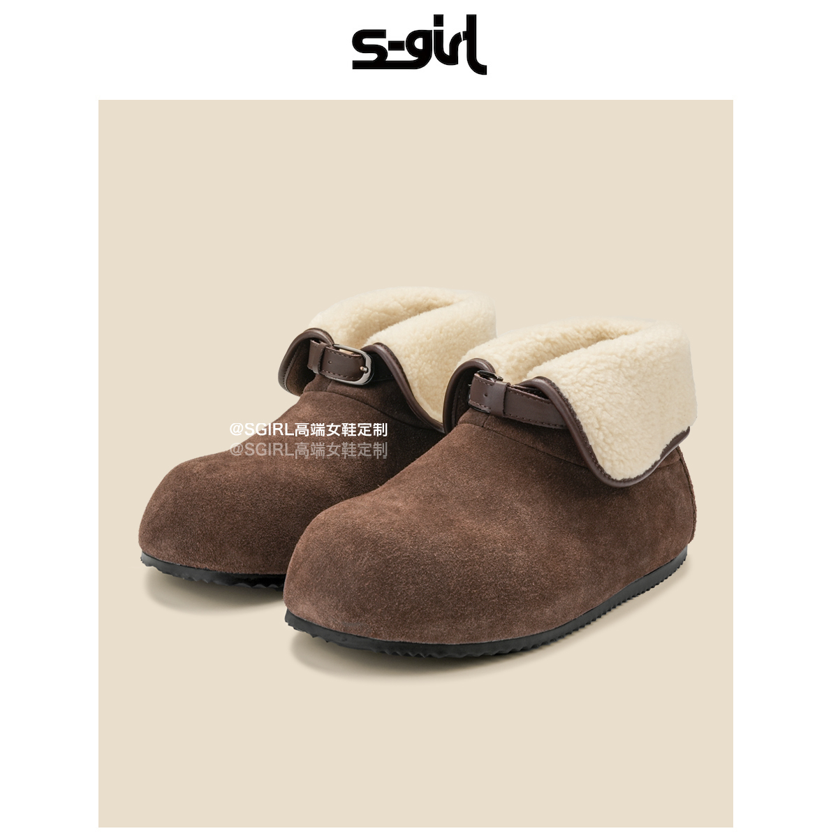 SGIRL TWTW保暖加绒勃肯雪地靴女2025冬季翻边两穿平底毛毛短靴子